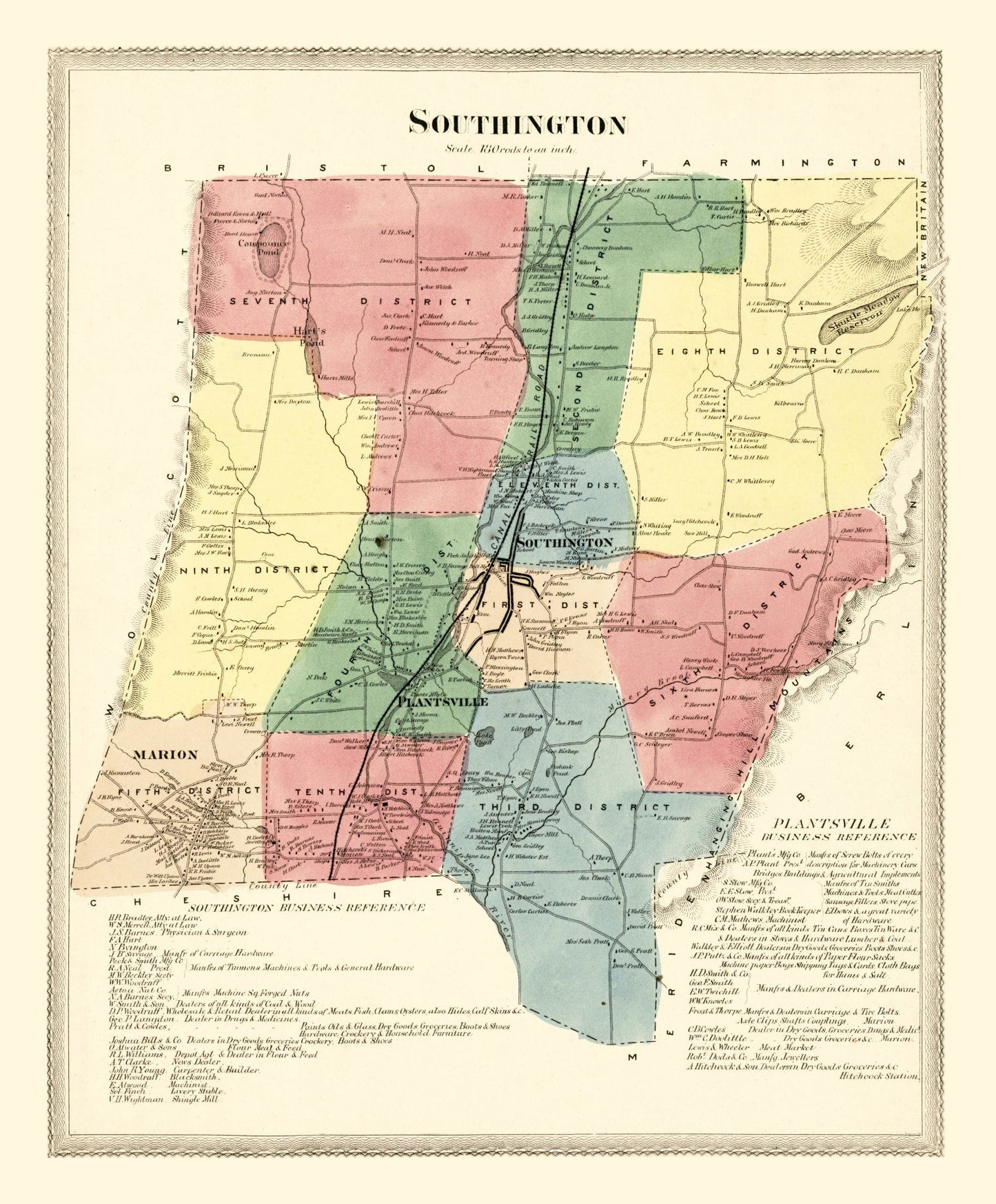 Vintage Map of Southington, Connecticut, 1869
