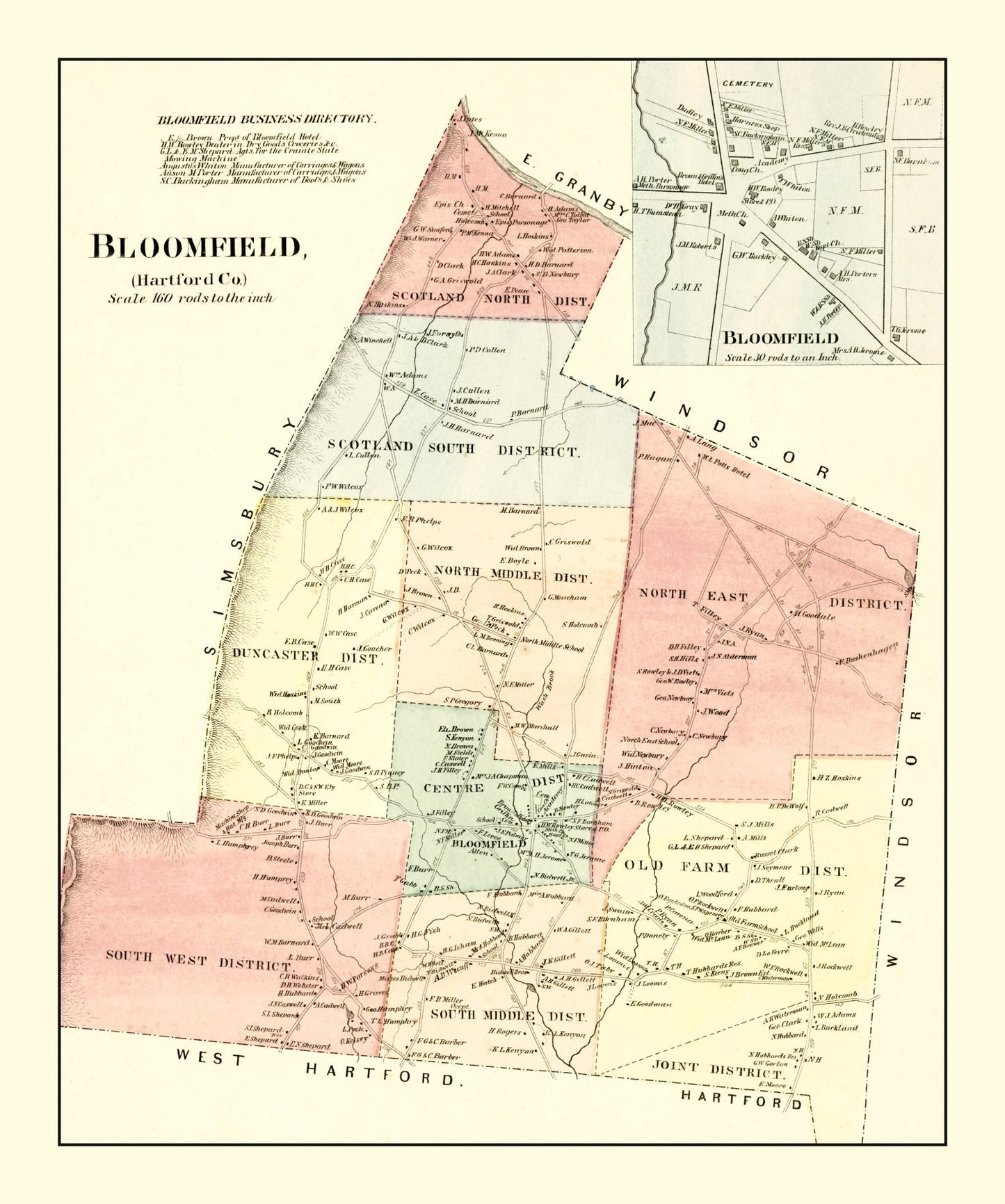 Vintage Map of Bloomfield, Connecticut, 1869