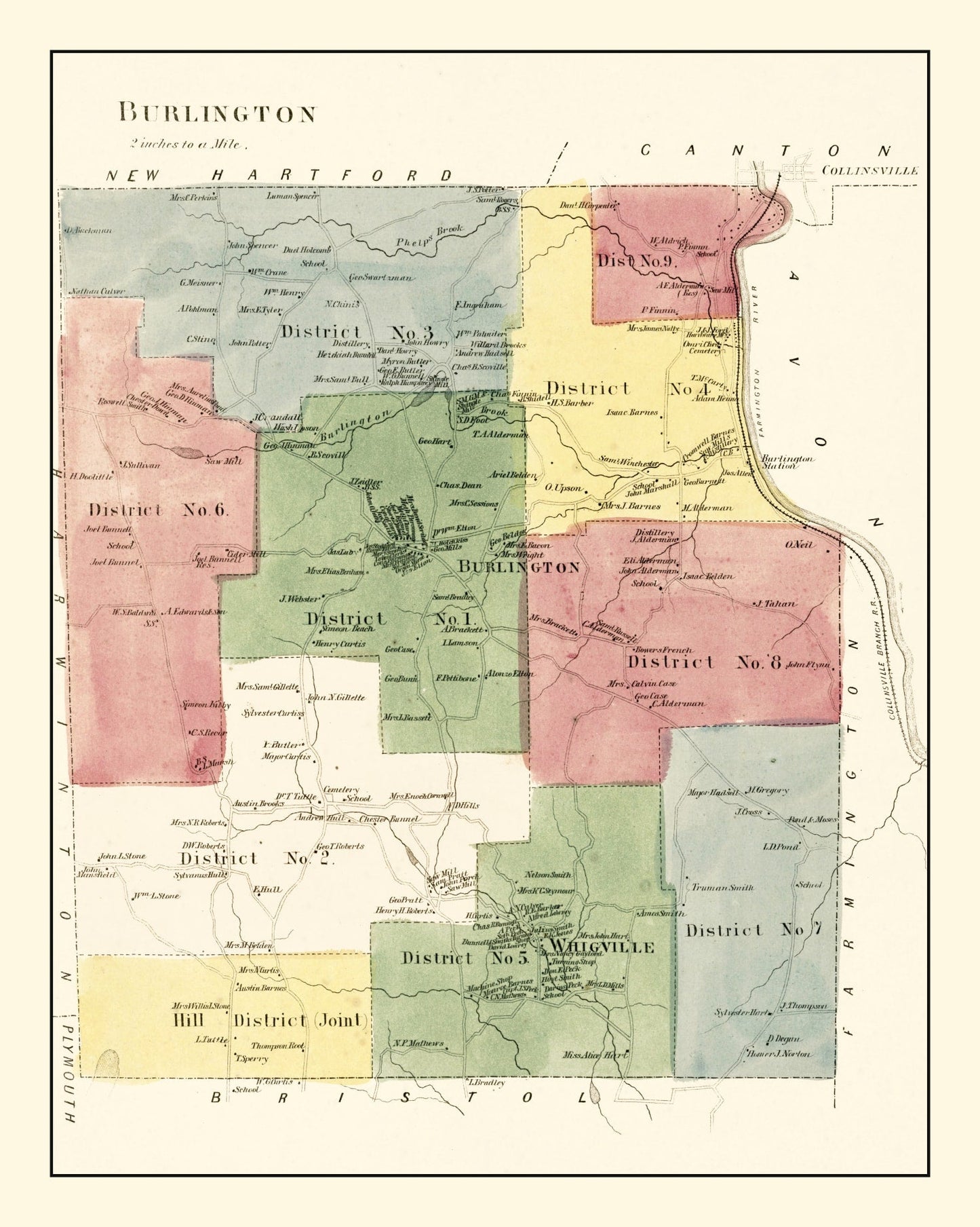 Vintage Map of Burlington, Connecticut, 1869