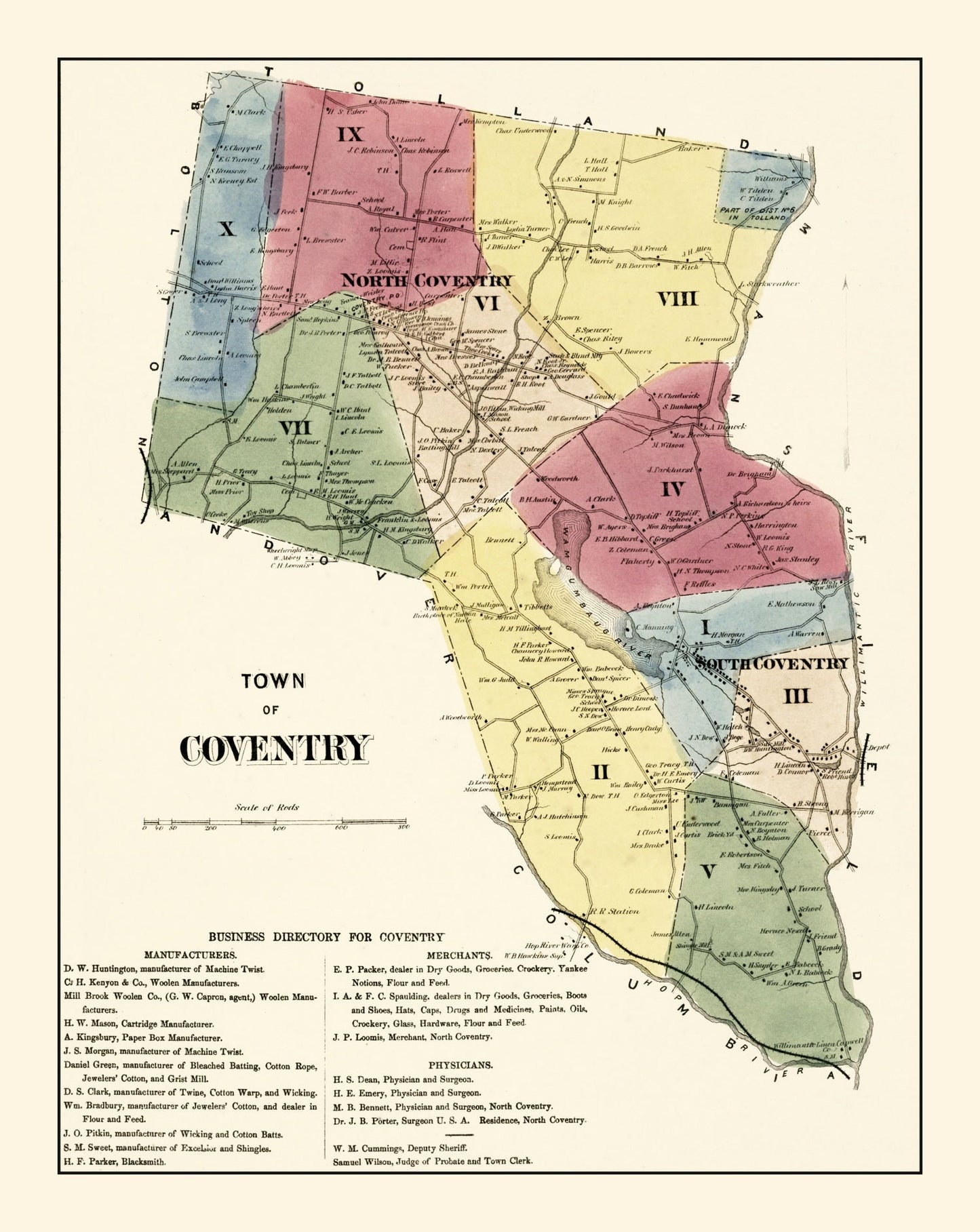 Vintage Map of Coventry, Connecticut, 1869