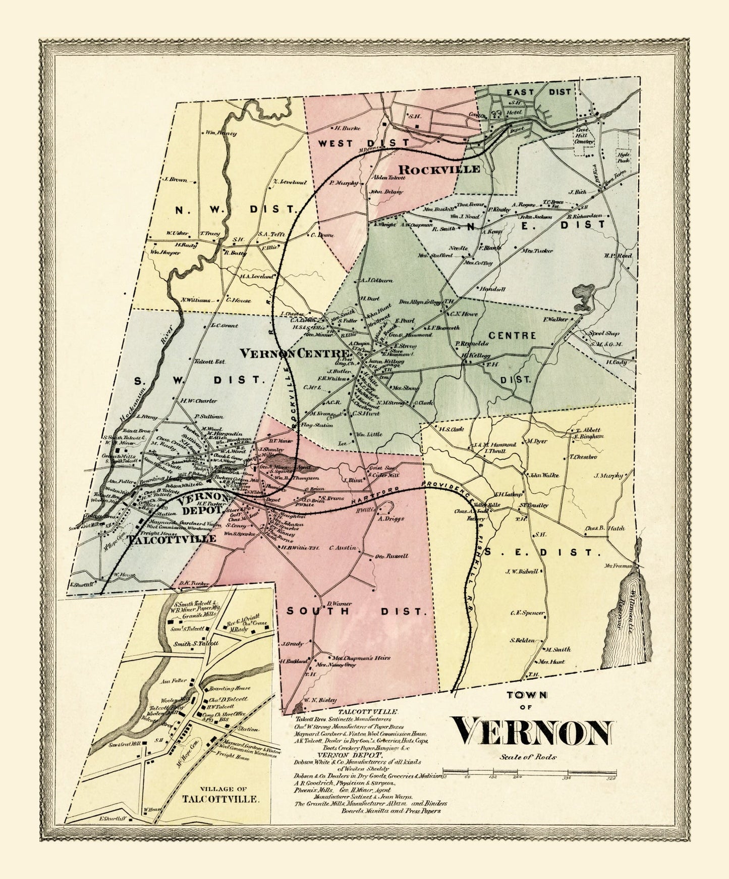 Vintage Map of Vernon, Connecticut, 1869