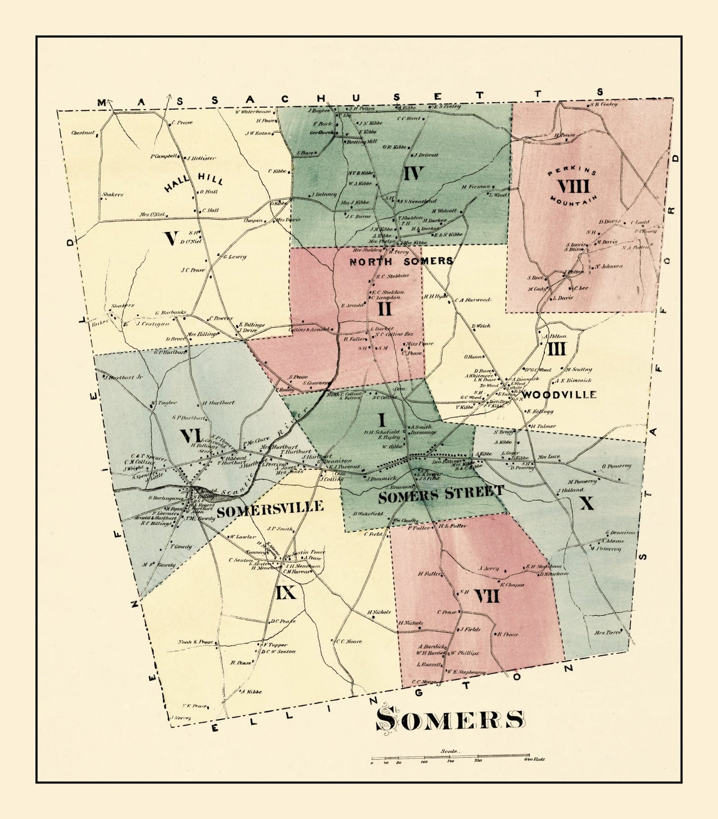 Vintage Map of Somers, Connecticut, 1869