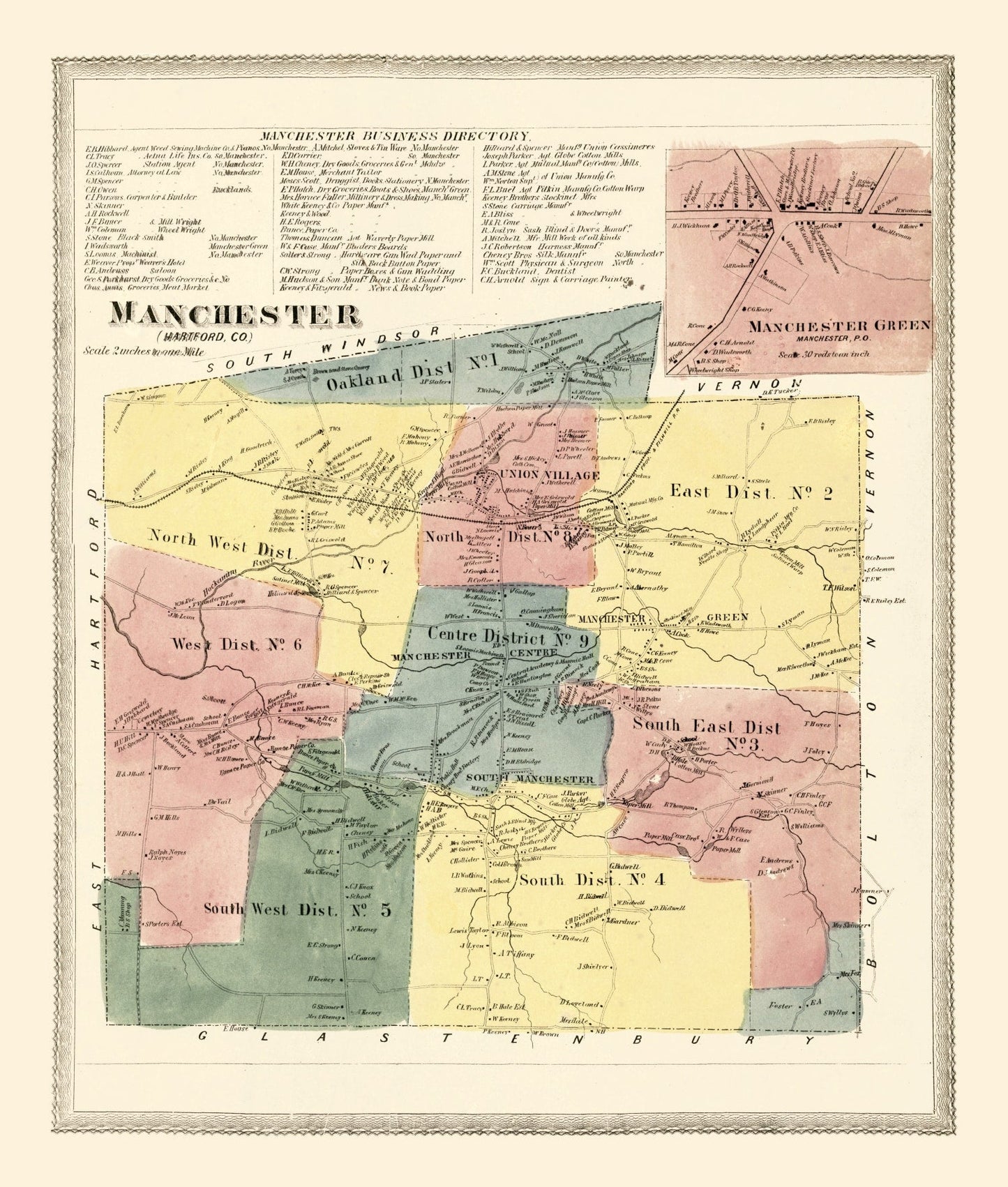 Vintage Map of Manchester, Connecticut, 1869