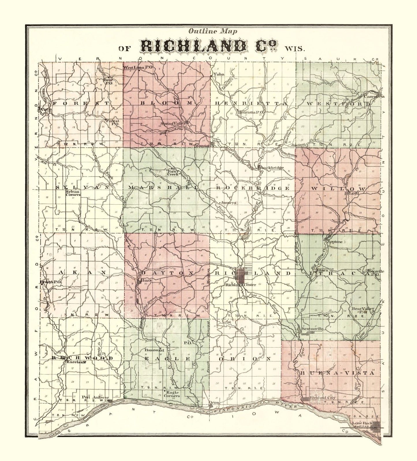 Vintage Map of Richland County, Wisconsin, 1874