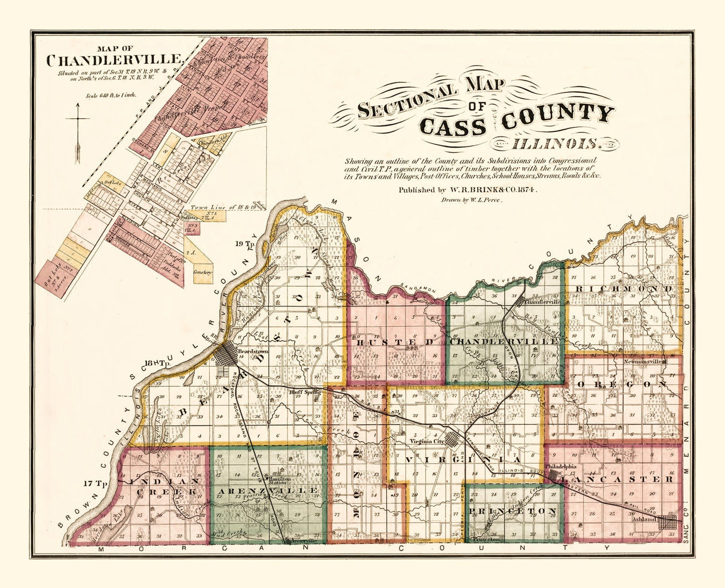 Vintage Map of Cass County, Illinois, 1874