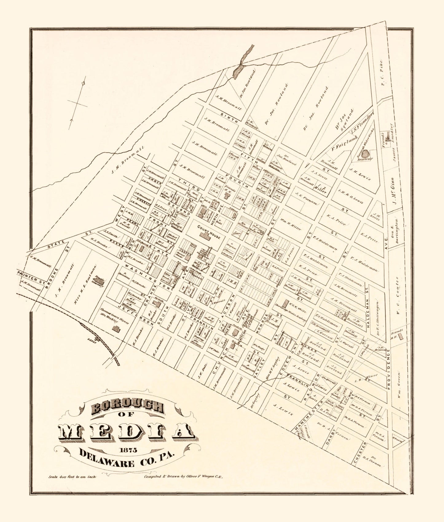 Vintage Map of Media, Pennsylvania, 1875