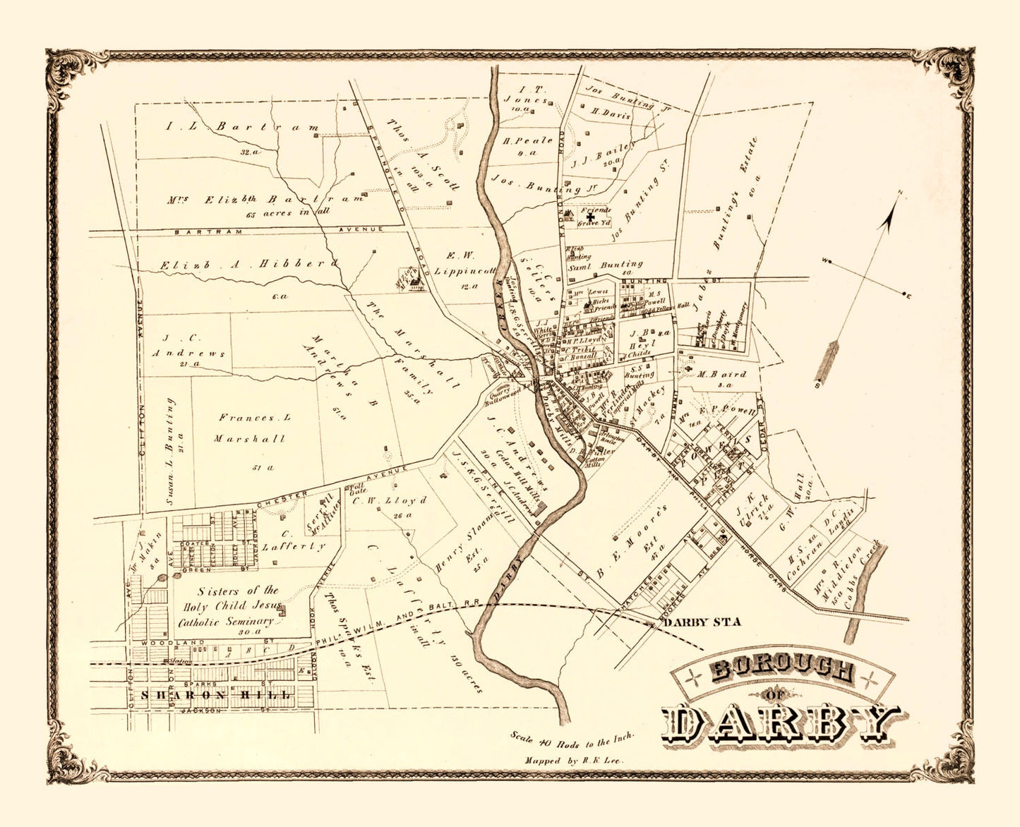 Vintage Map of Darby, Pennsylvania, 1875