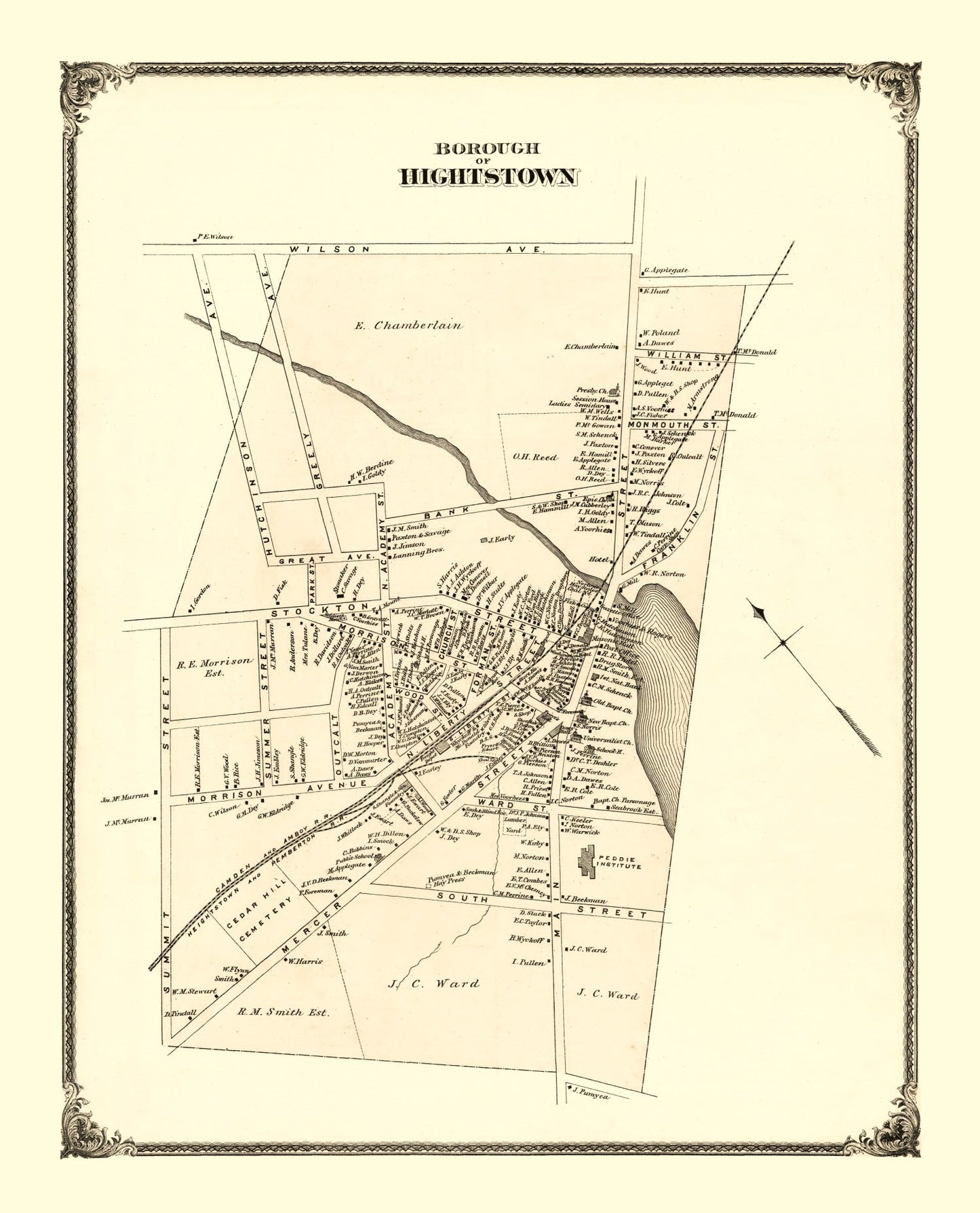Vintage Map of Hightstown, Monmouth County, New Jersey, 1875