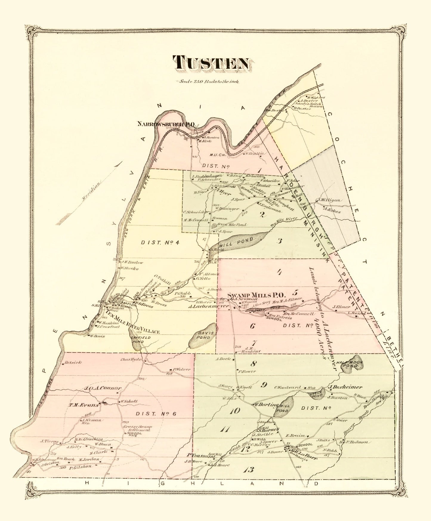Vintage Map of Tusten Township, Sullivan County, New York, 1875
