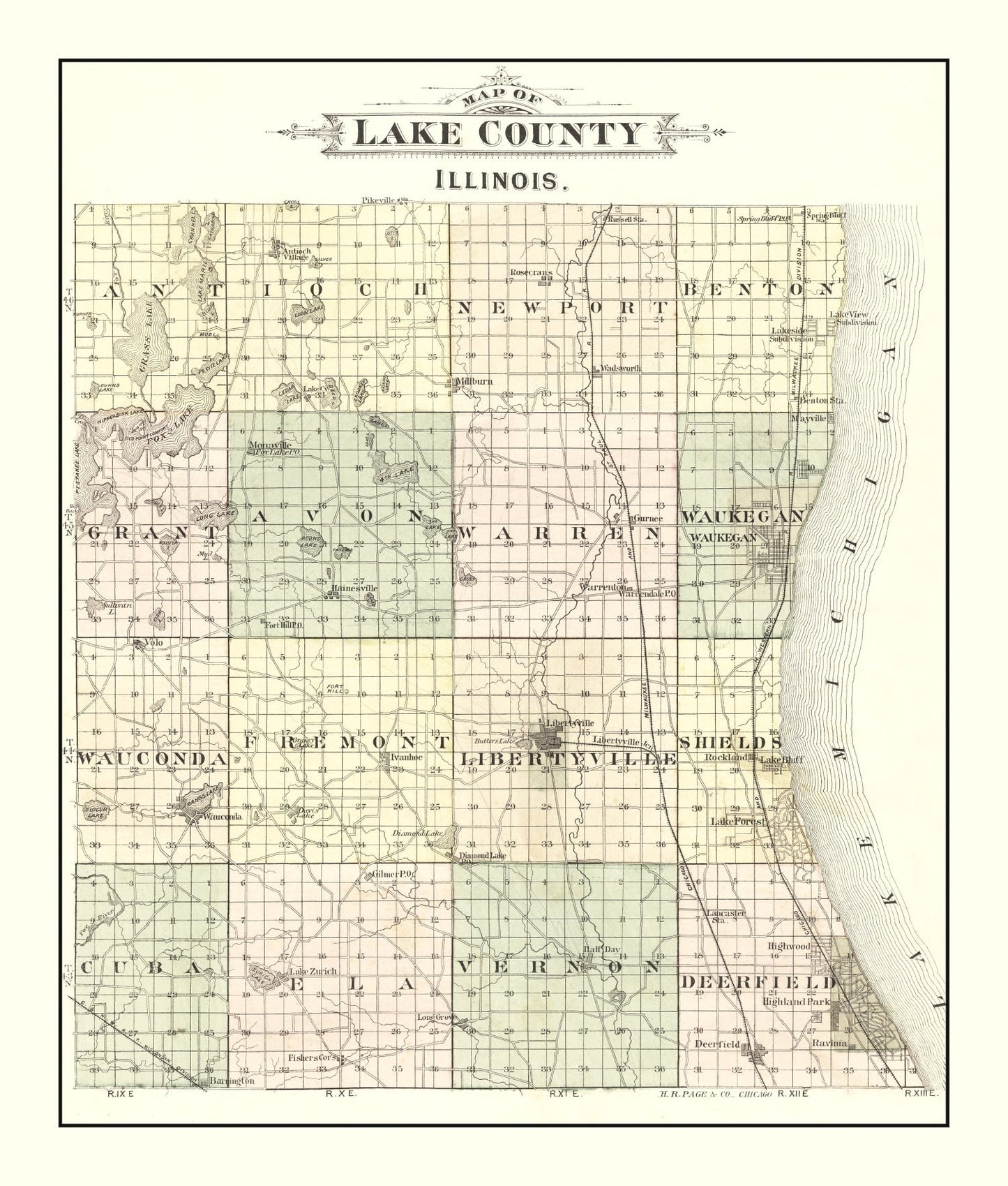 Vintage Map of Lake County, Illinois, 1885