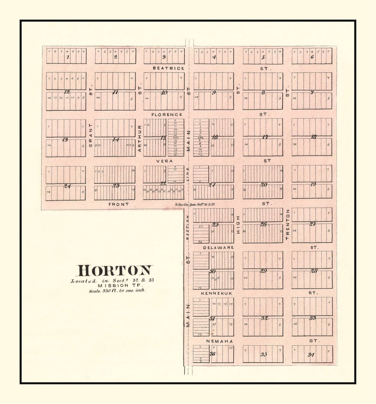 Vintage Map of Horton, Brown County, Kansas, 1887