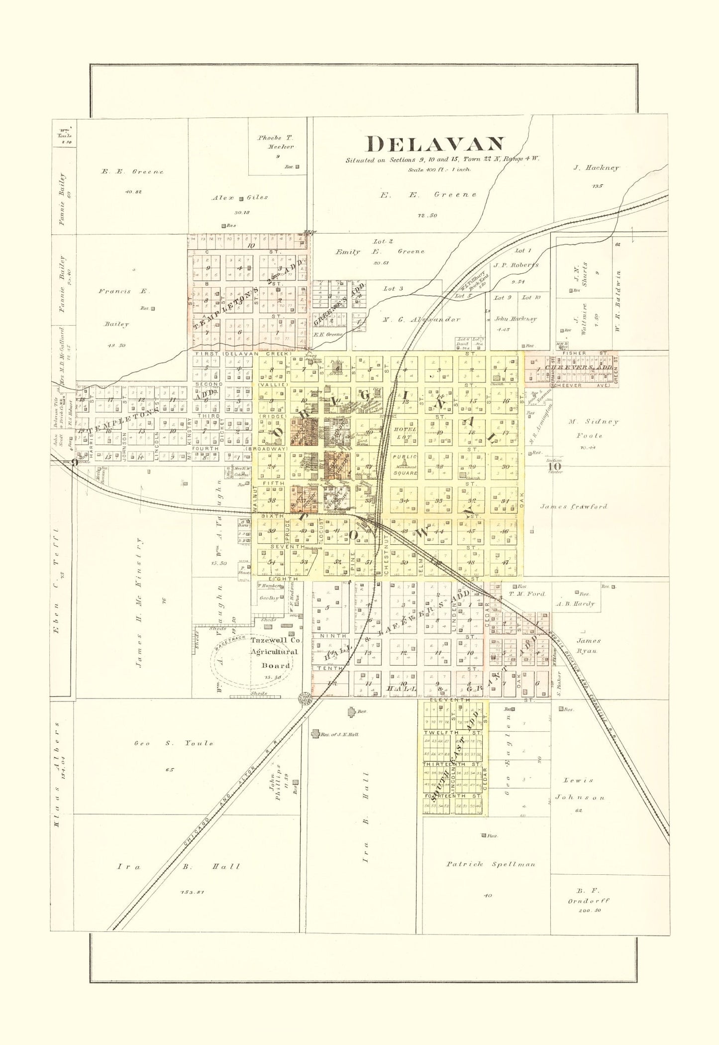 Vintage Map of Delavan, Illinois, 1891