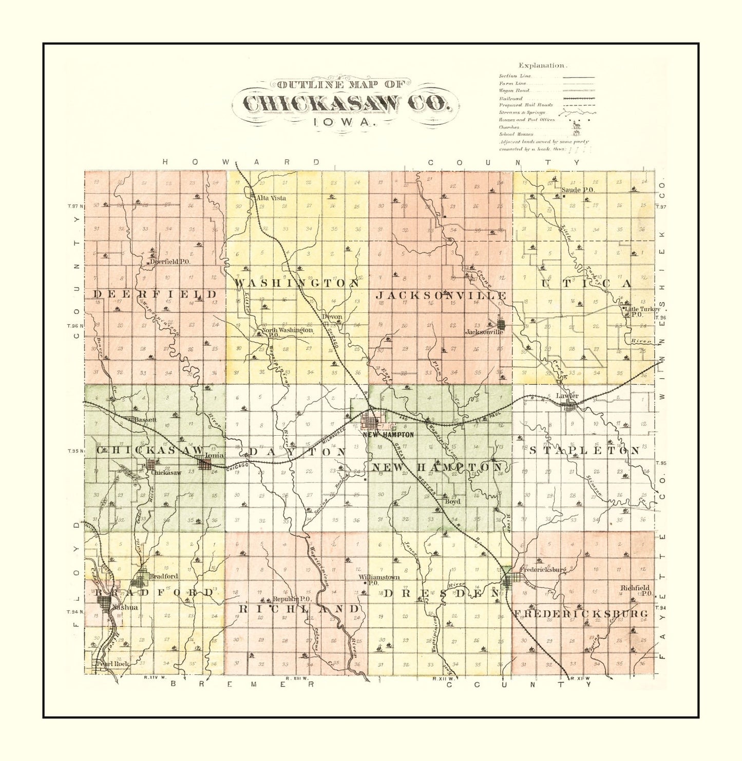 Vintage Map of Chickasaw County, Iowa, 1892