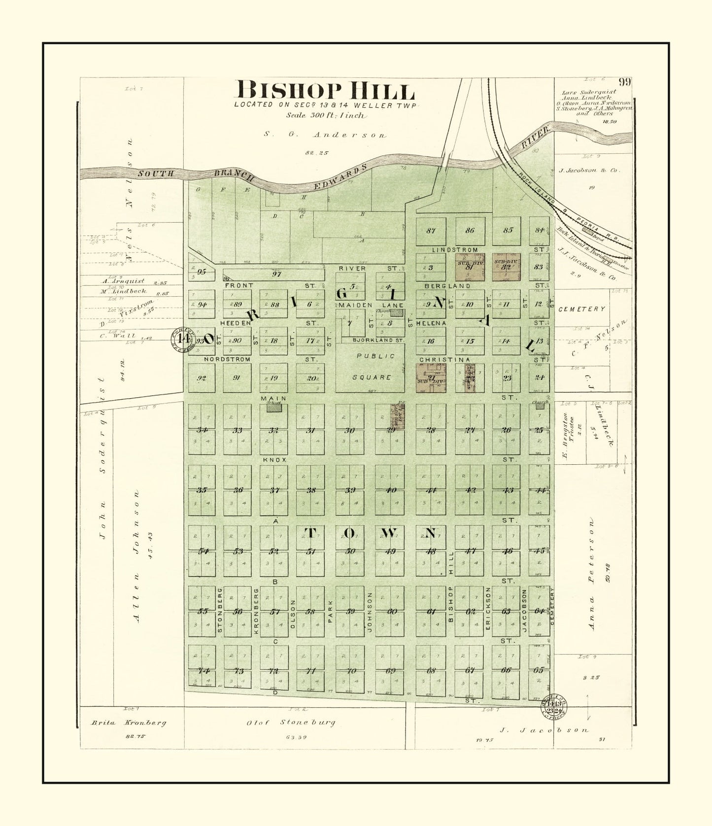 Vintage Map of Bishop Hill, Illinois, 1893