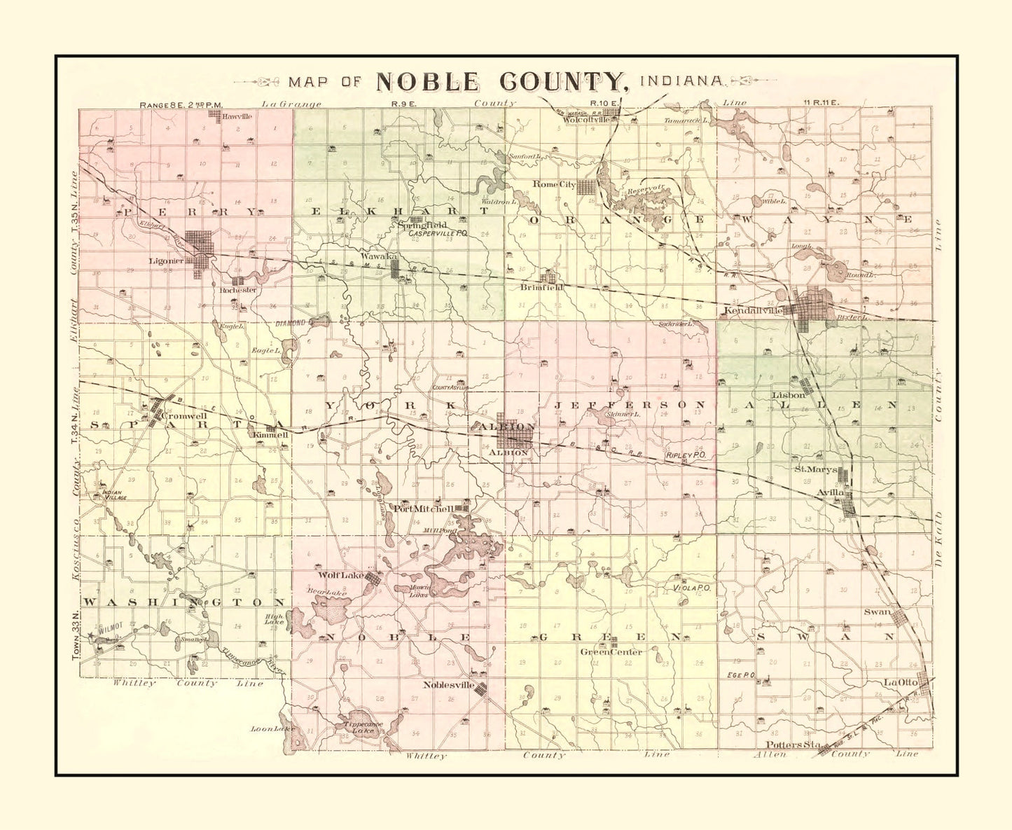 Vintage Map of Noble County, Indiana, 1893