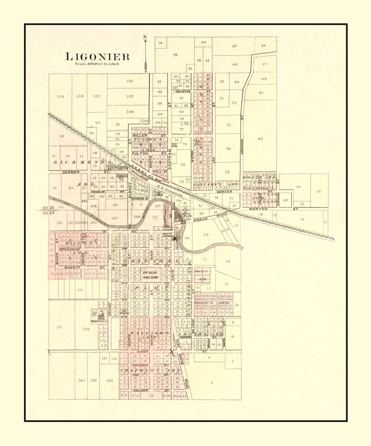 Vintage Map of Ligonier, Indiana, 1893