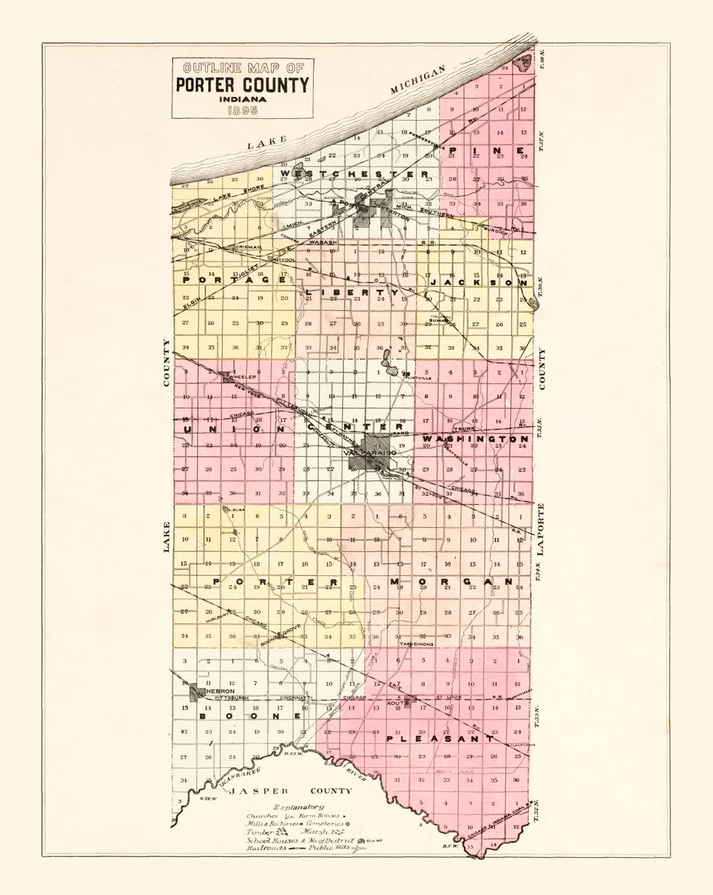 Vintage Map of Porter County, Indiana, 1895