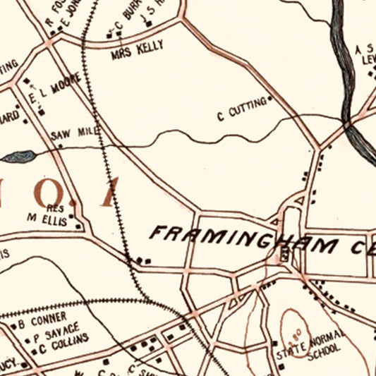 Vintage Map of Framingham, Massachusetts, 1895