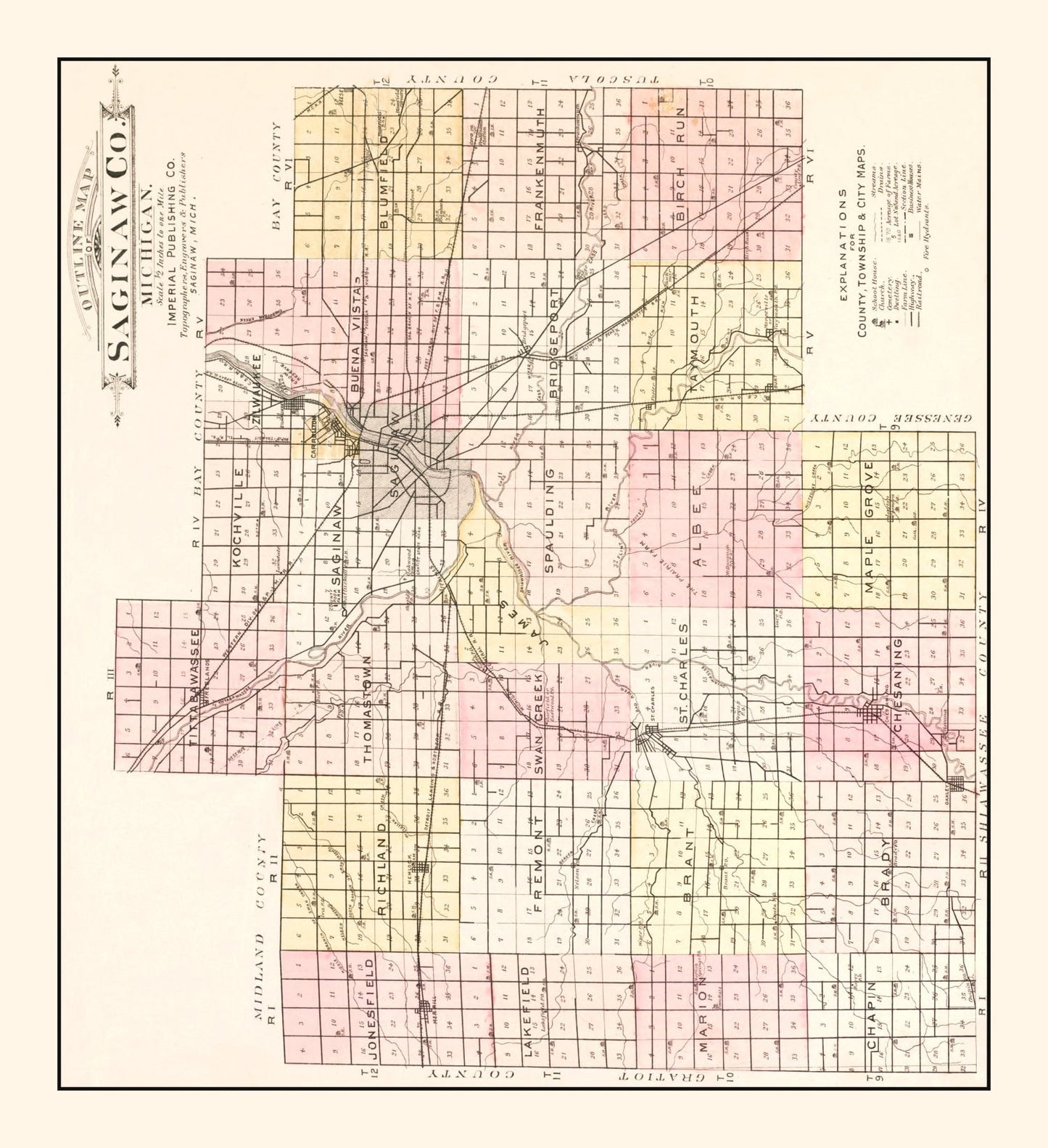 Vintage Map of Saginaw County, Michigan, 1896