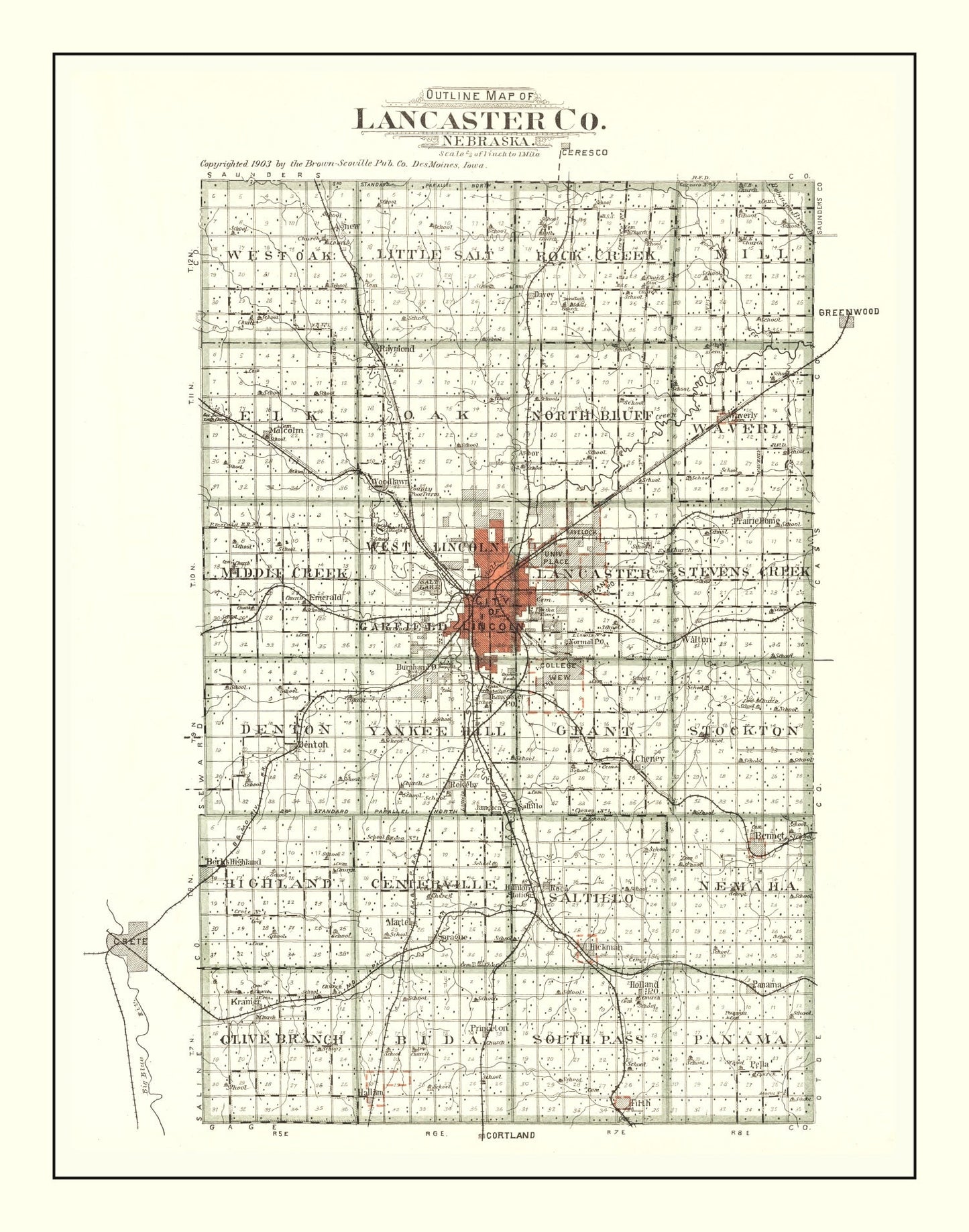 Vintage Map of Lancaster County, Nebraska, 1903