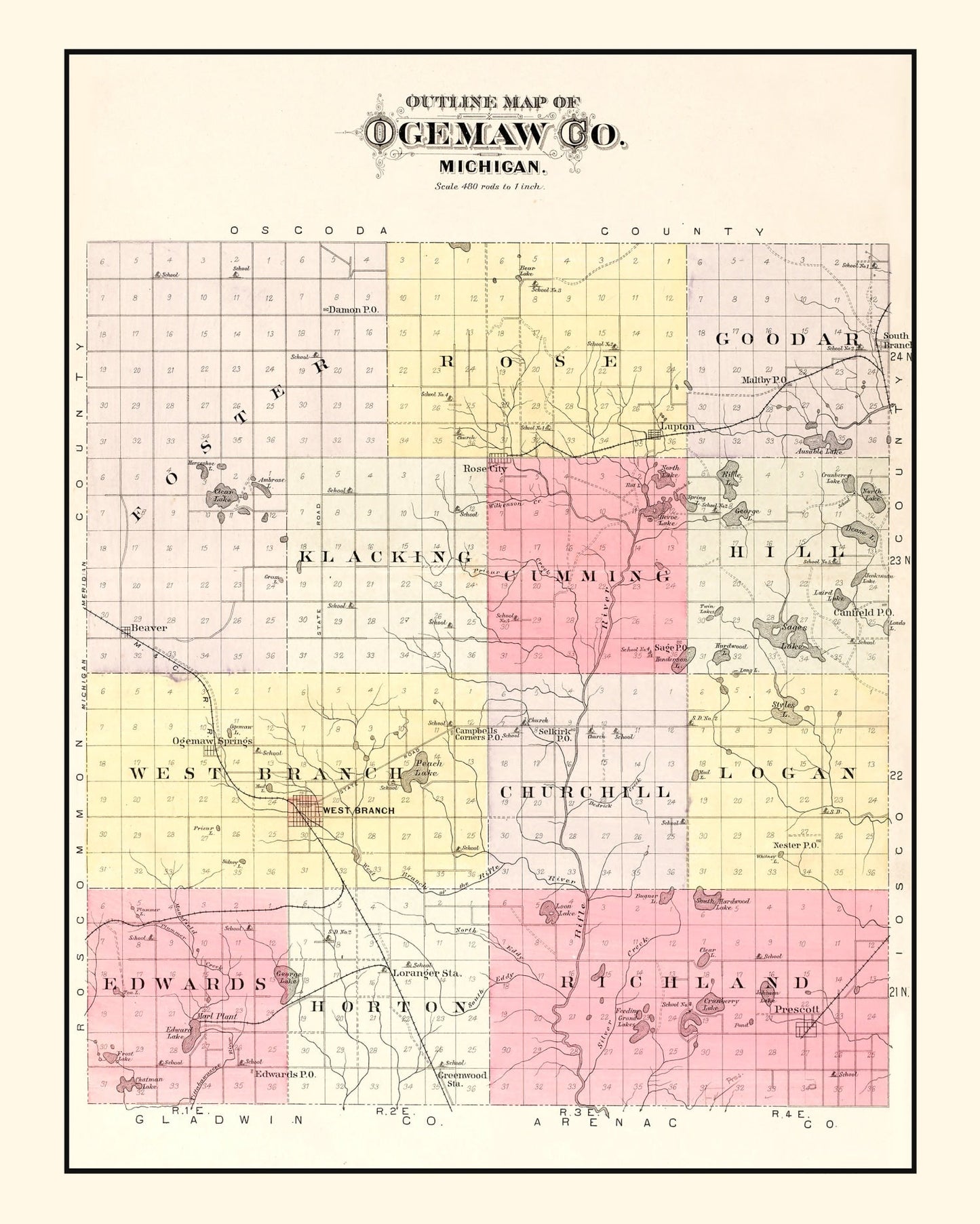Vintage Map of Ogemaw County, Michigan, 1903