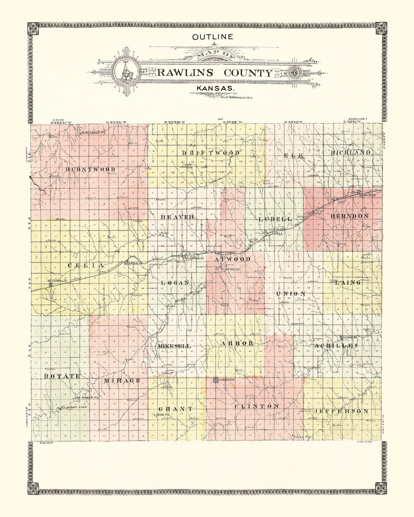 Vintage Map of Rawlins County, Kansas, 1906