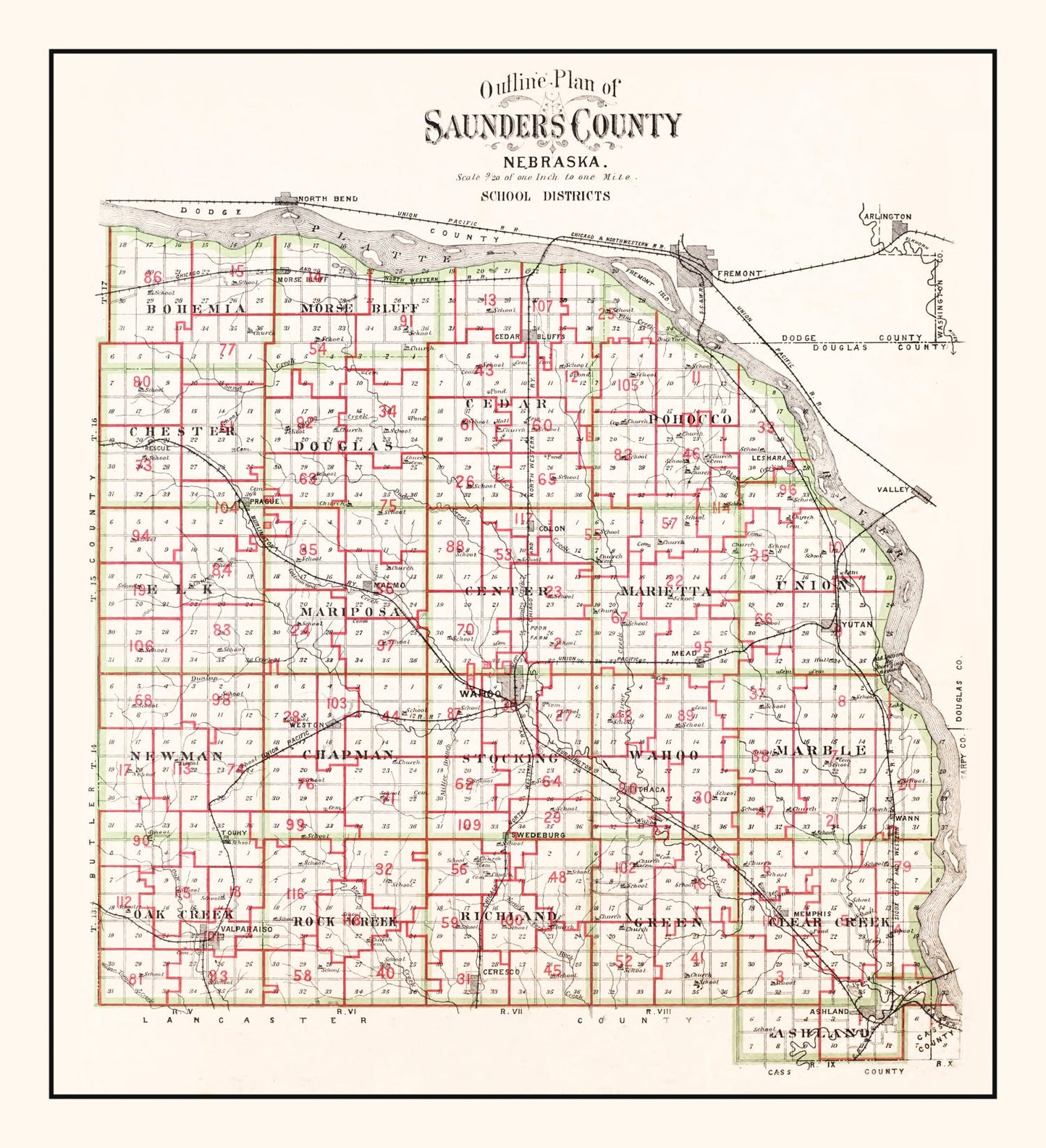Vintage Map of Saunders County, Nebraska, 1907