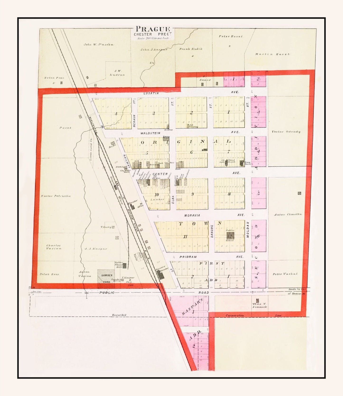 Vintage Map of Prague, Nebraska, 1907