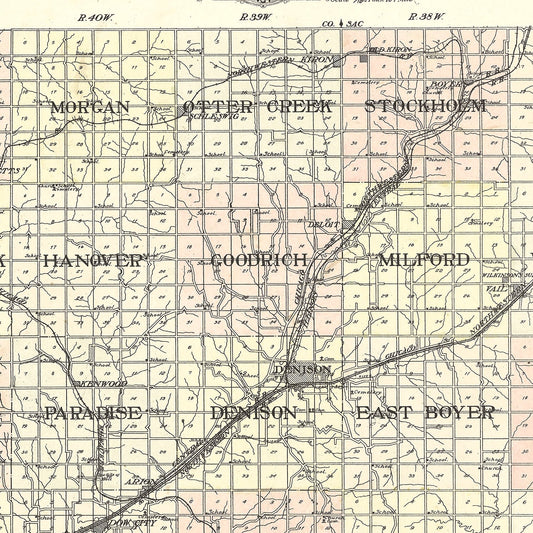 Vintage Map of Crawford County, Iowa 1908