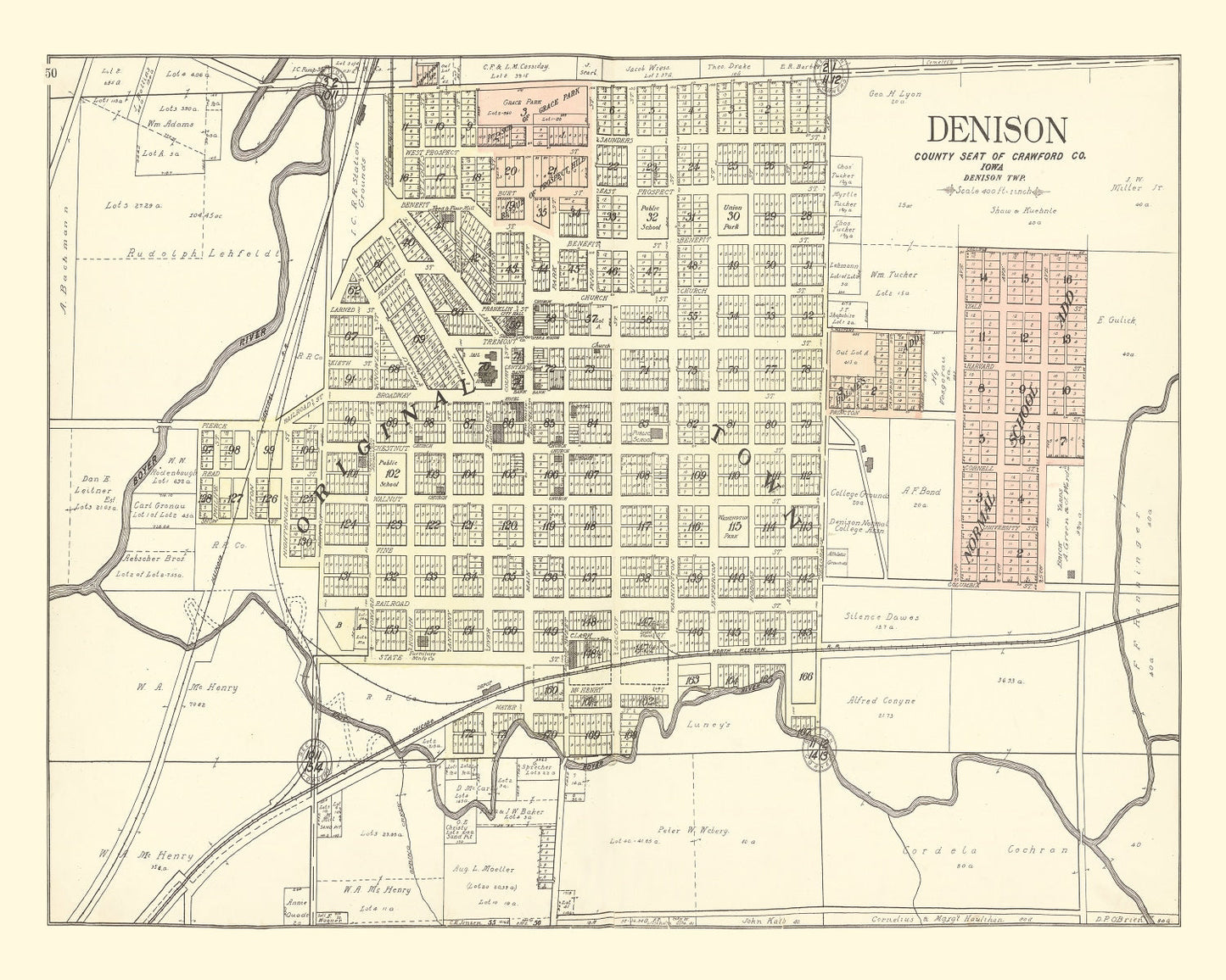 Vintage Map of Denison, Iowa, 1908