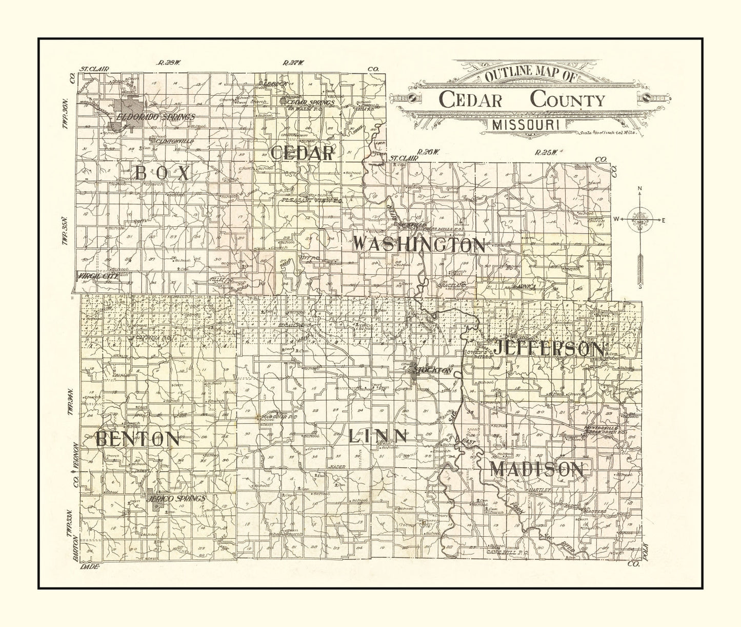 Vintage Map of Cedar County, Missouri, 1908