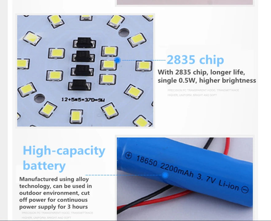 LED chip and battery pack with text on a white background