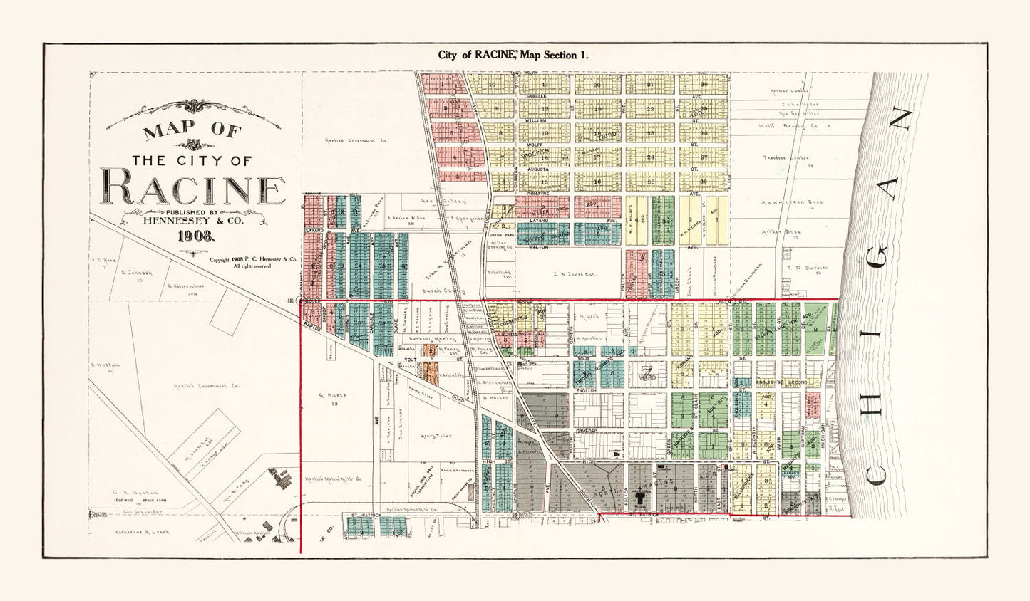 Vintage Map of Racine, Wisconsin, 1908