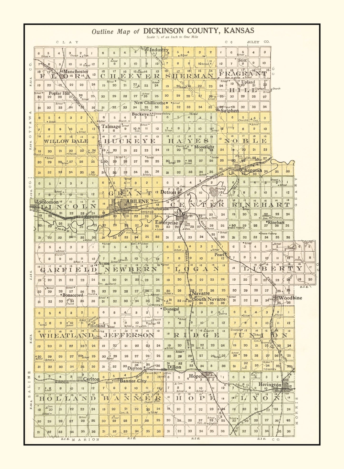 Vintage Map of Dickinson County, Kansas, 1909