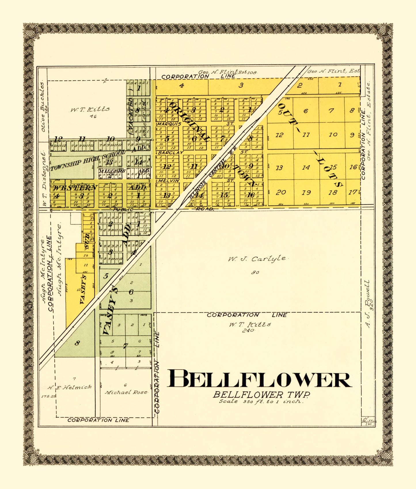 Vintage Map of Bellflower, Illinois, 1914
