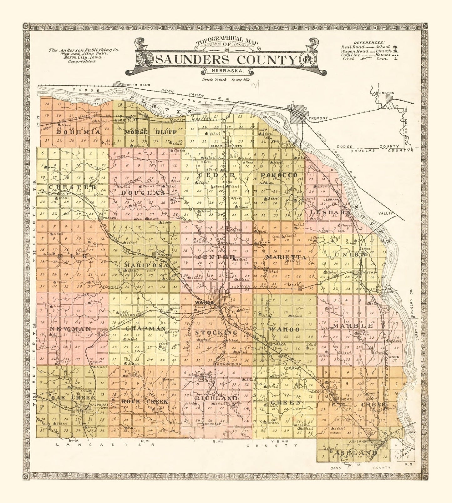 Vintage Map of Saunders County, Nebraska, 1916