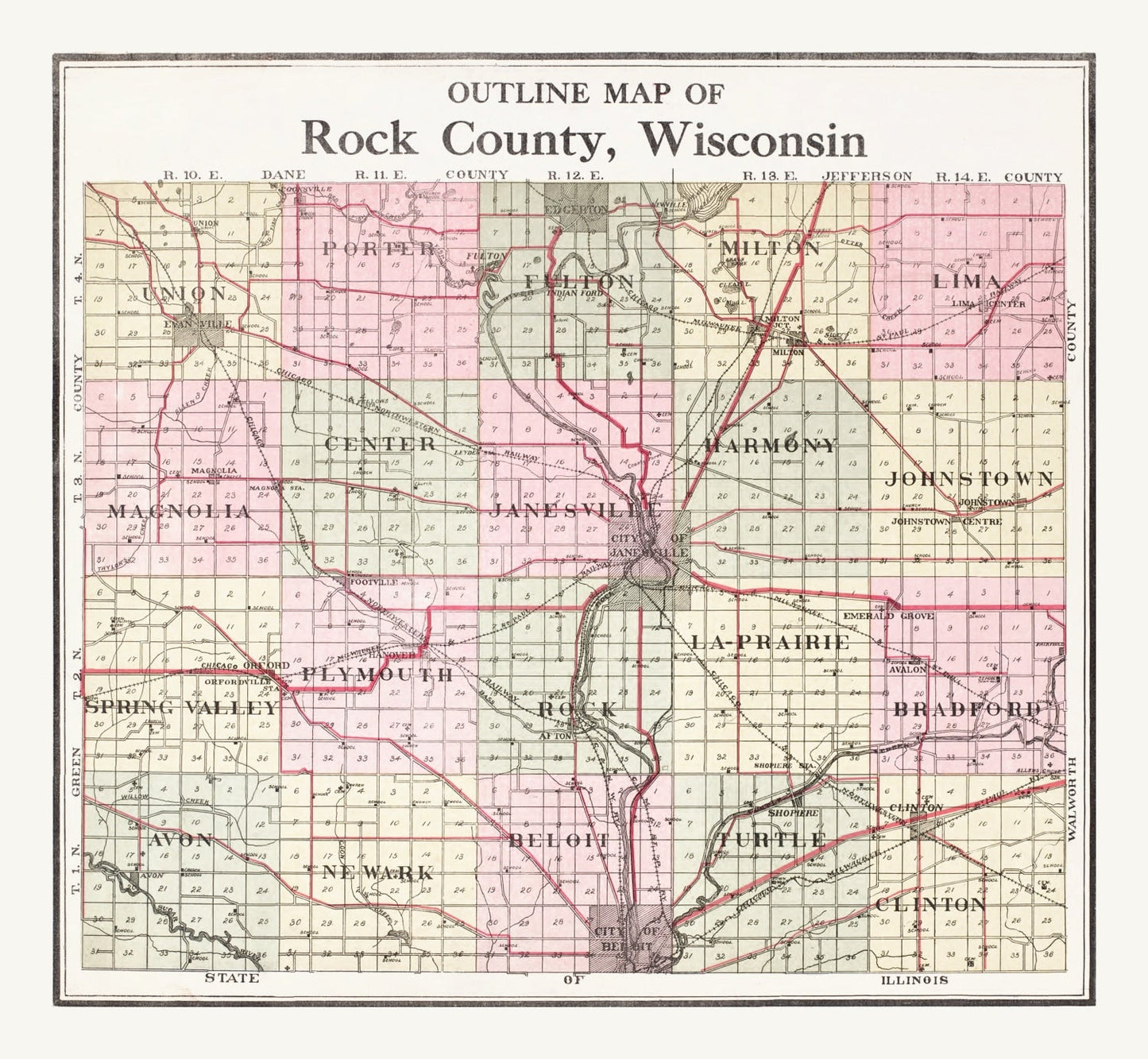Vintage Map of Rock County, Wisconsin, 1917