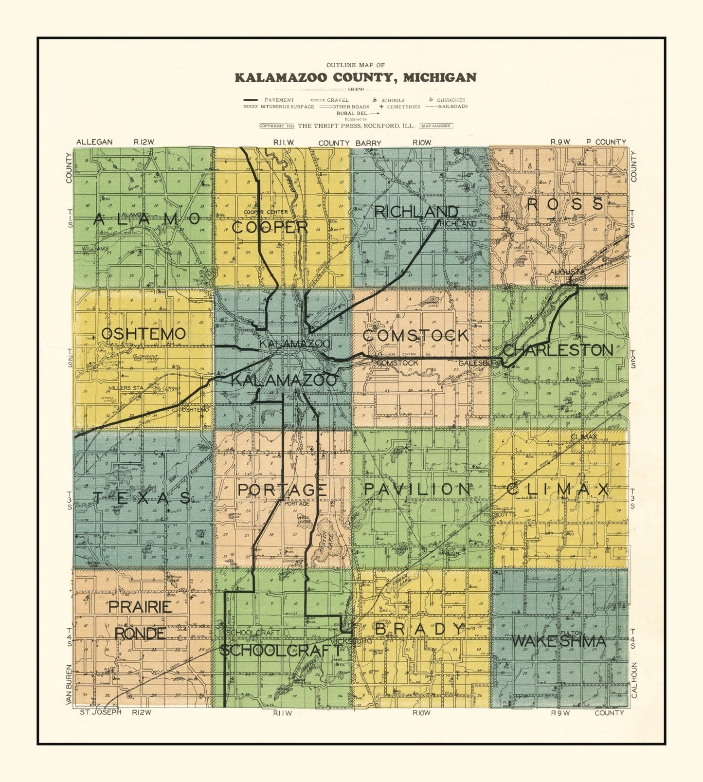 Vintage Map of Kalamazoo County, Michigan, 1928