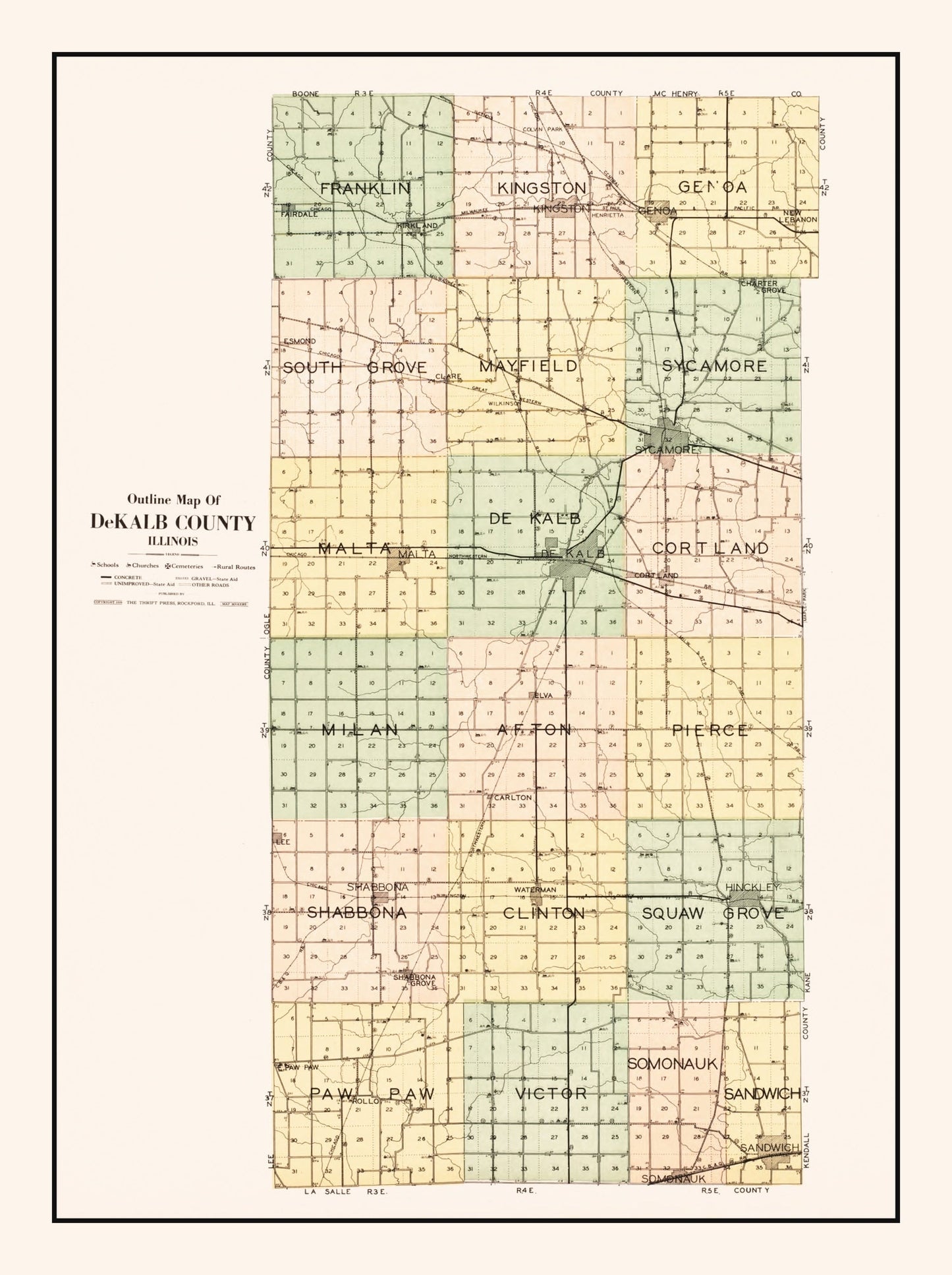 Vintage Map of De Kalb County, Illinois, 1929
