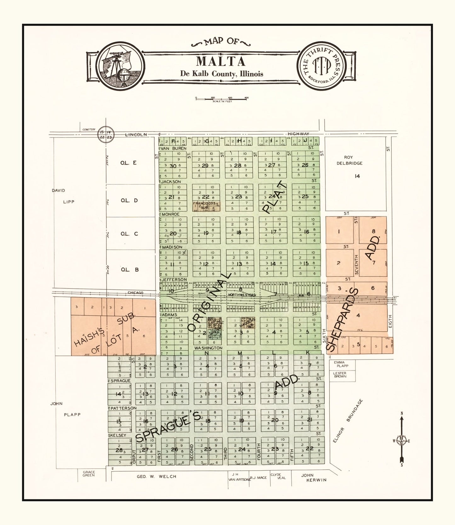 Vintage Map of Malta, Illinois, 1929