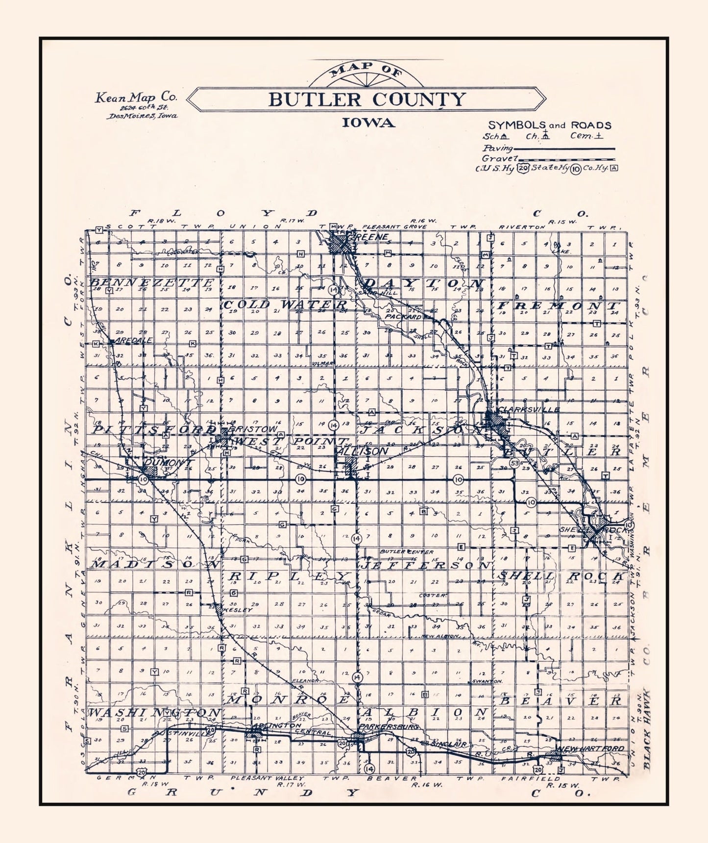 Vintage Map of Butler County, Iowa, 1930 Wall Art