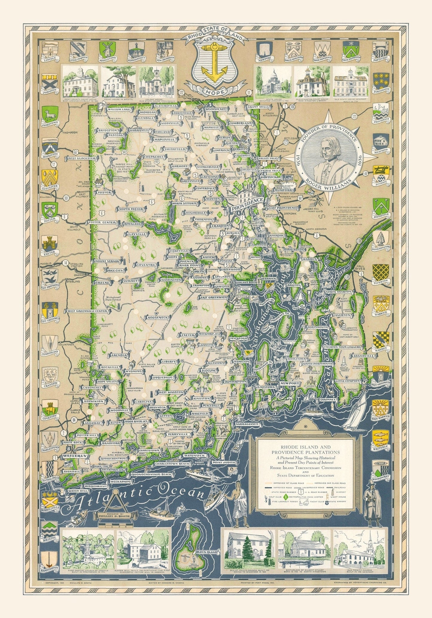 Vintage Map of Narragansett Bay, Rhode Island, 1936