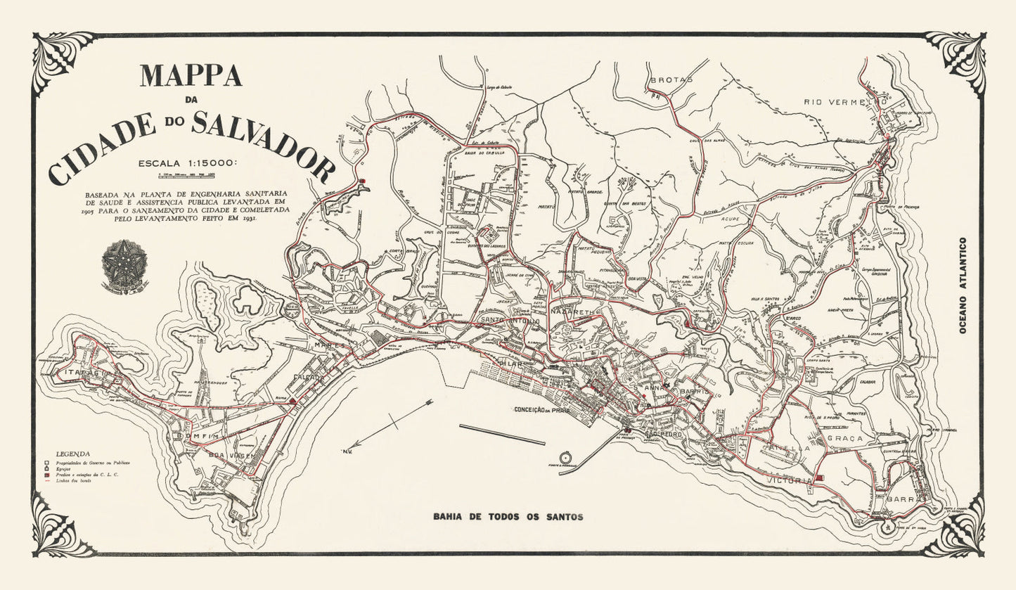 Vintage Map of Salvador, Brazil, 1931