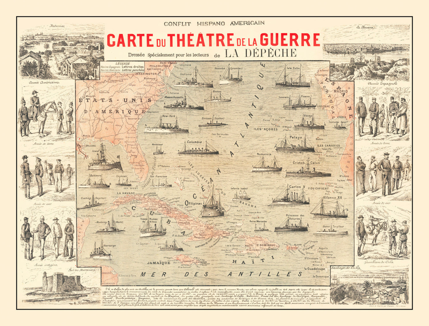 Vintage Spanish-American War Map of the Atlantic, 1898