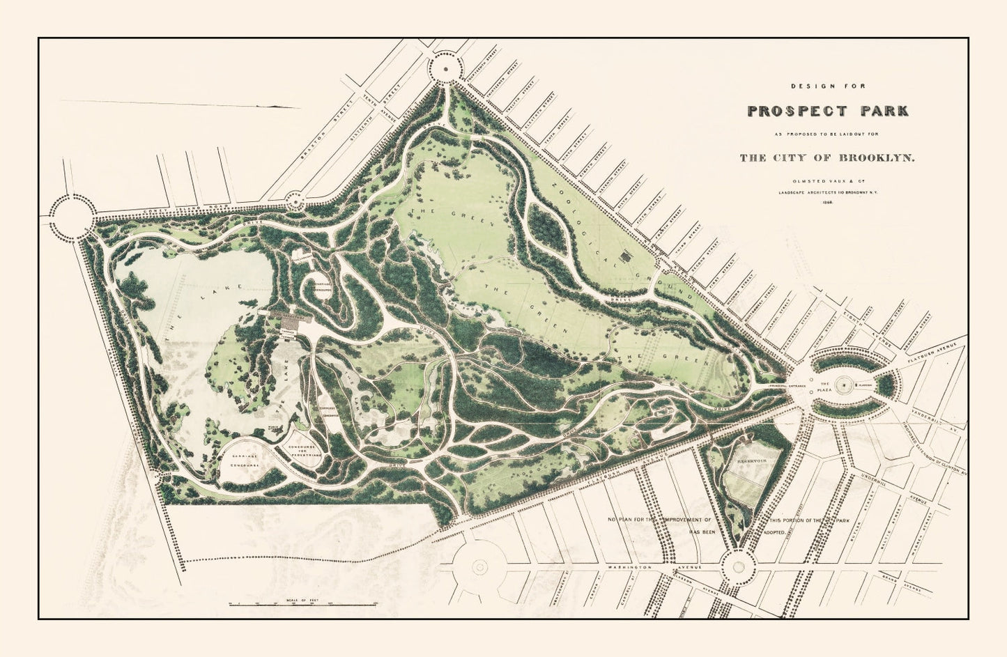 Vintage Map of Prospect Park, Brooklyn, New York, 1868