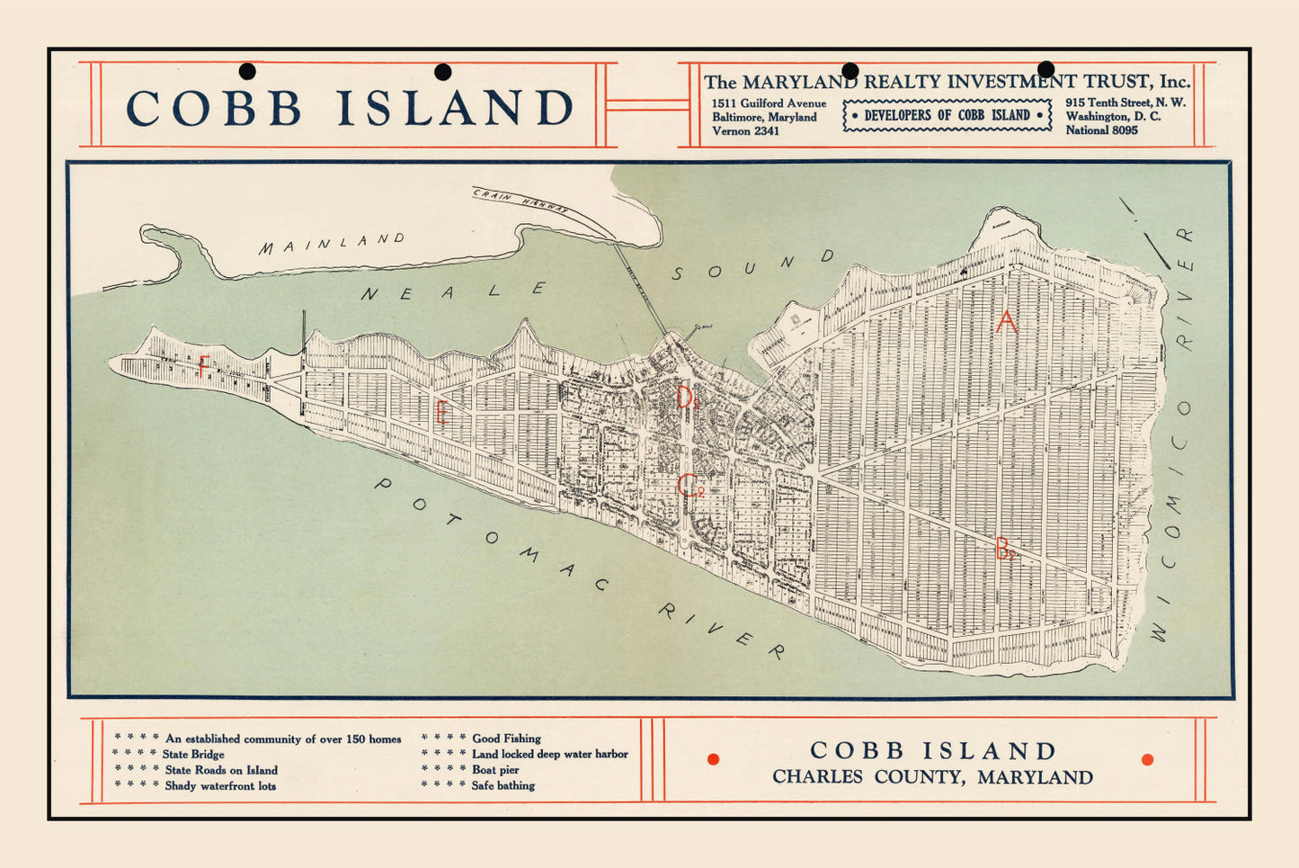 Vintage Cobb Island, Maryland Map, 1935