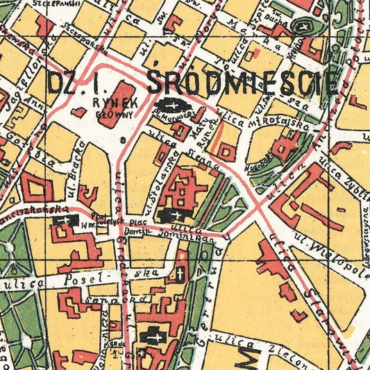 Vintage Map of Krakow, Poland, 1928