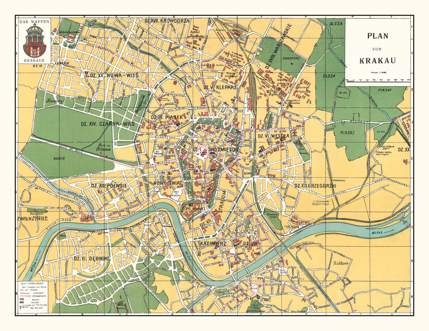 Vintage Map of Krakow, Poland, 1928