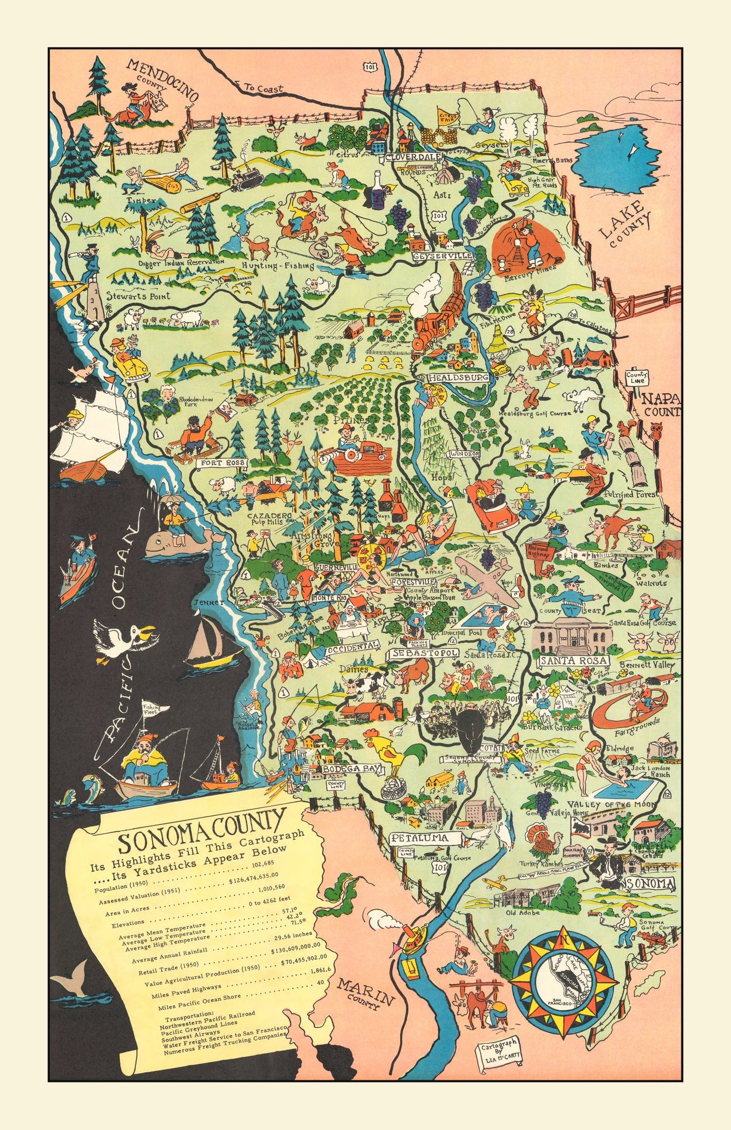 Vintage Map of Sonoma County, California, 1951