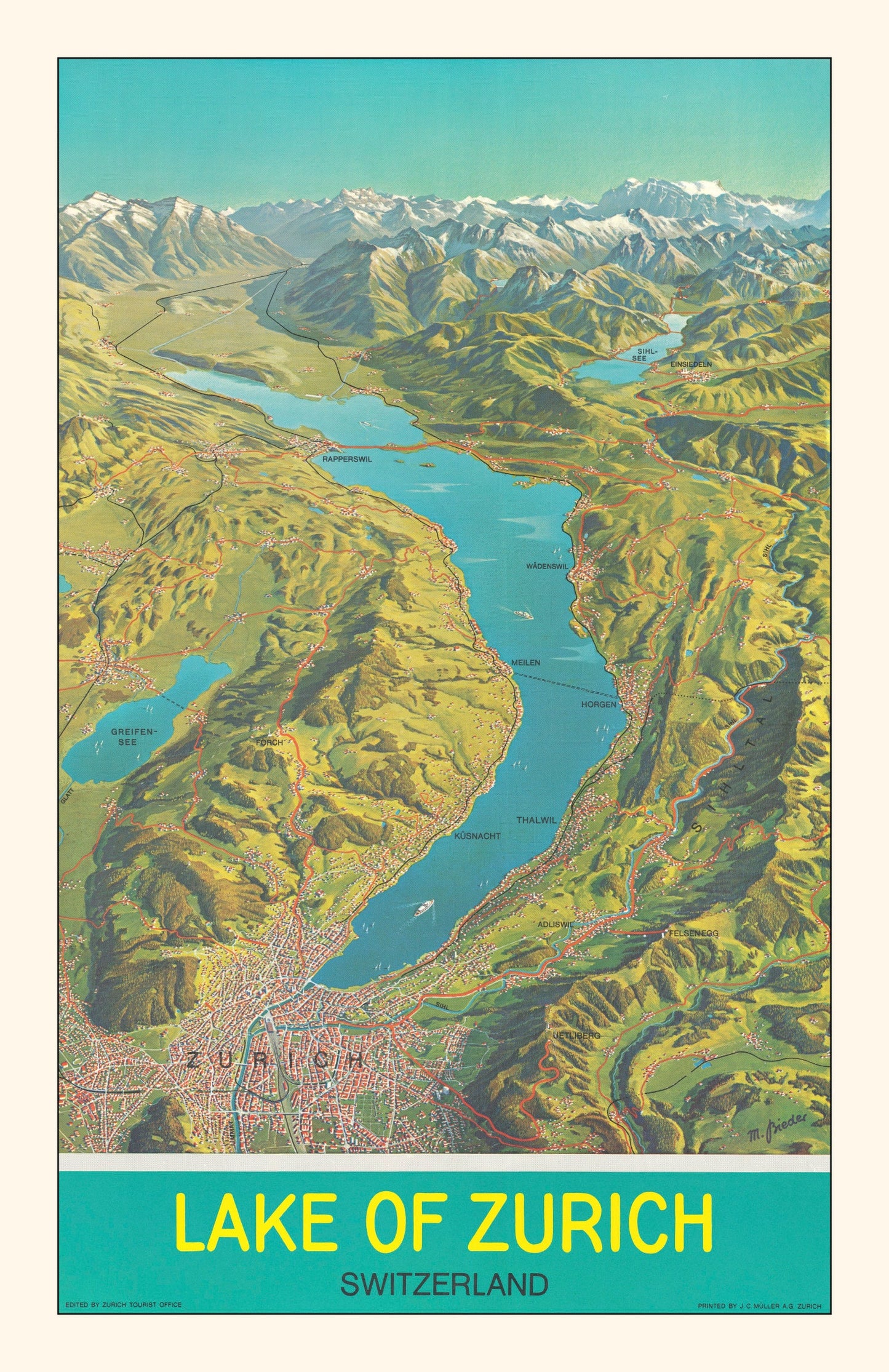 Vintage Map of Zurich Switzerland, 1939